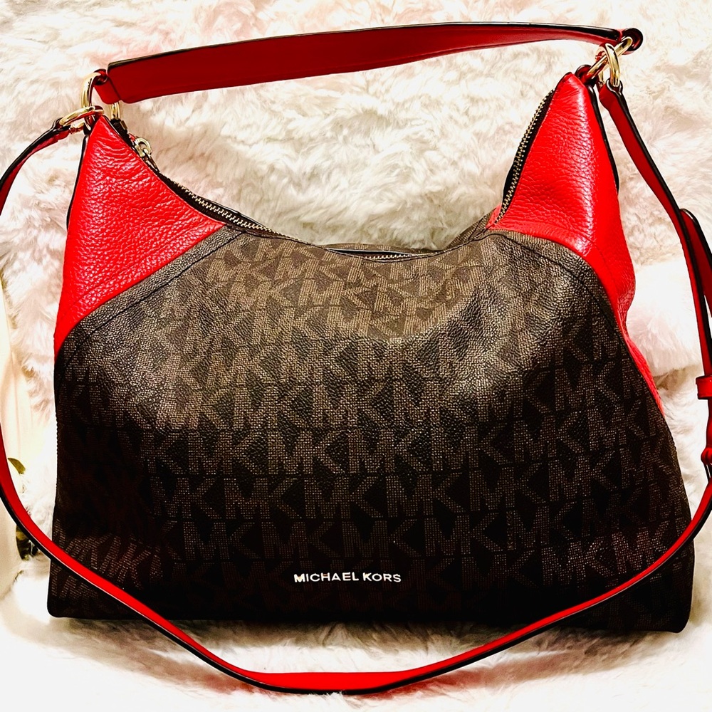 Michael Kors Large ARIA Red with Brown Monogram Hobo Shoulder Bag